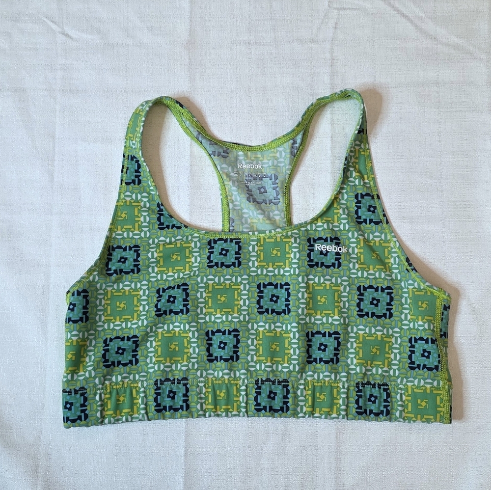 Reebok Green Geometric Print Racerback Sports Bra Size Large
